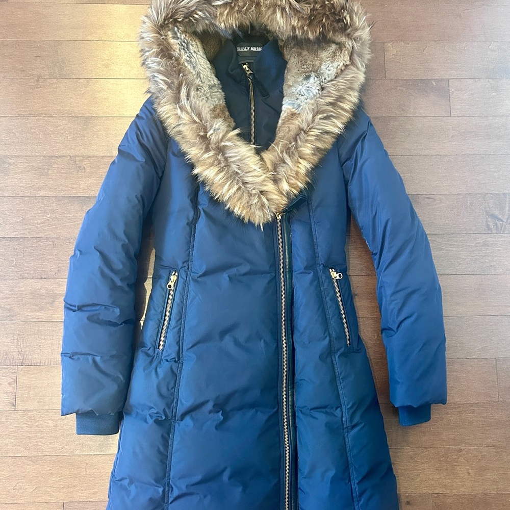 Authentic Mackage Navy Blue Puffer Coat with Signature Fur Trim - like New